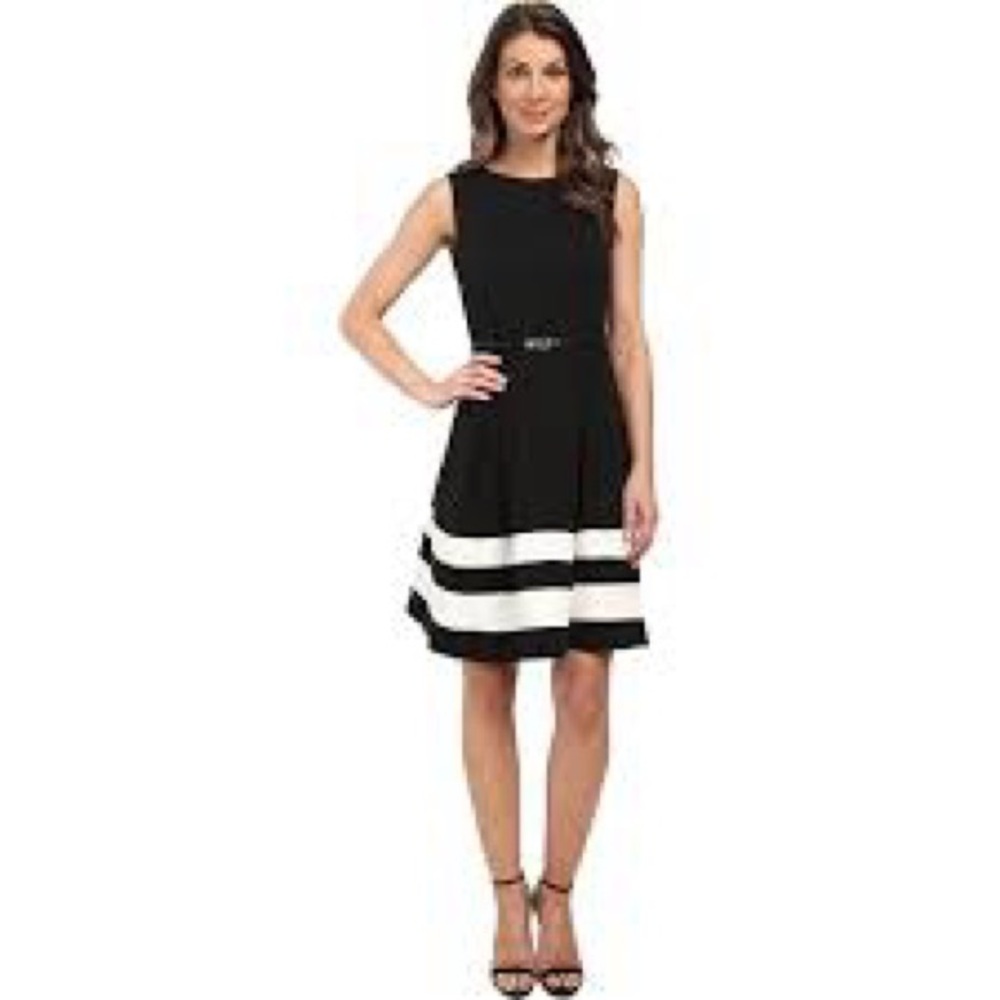 Calvin Klein Fit & Flare Black and White Dress with Belt